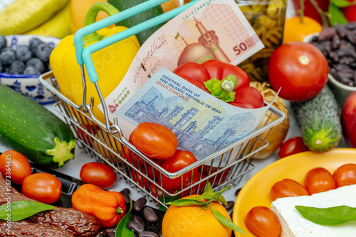Iran, money, and a shopping basket. Rising food prices, inflation, and more expensive products in stores. economic and financial concept. Iranian rials in a shopping cart, fruits, vegetables, meats