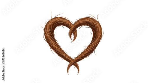 Beautiful heart shape intricately formed by intertwining strands of glossy brown hair, symbolizing love, beauty, and personal connection, against a pristine white background.