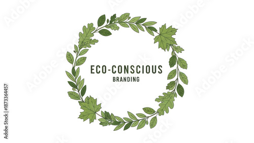 Eco-conscious branding concept featuring a circular green leaf wreath logo.