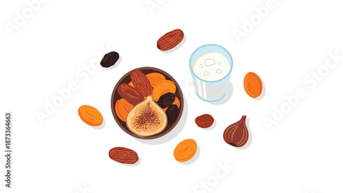 Overhead view of a delicious assortment of dried fruits, including dates, figs, and apricots, artfully arranged around a refreshing glass of milk, all in a charming pixel art style.