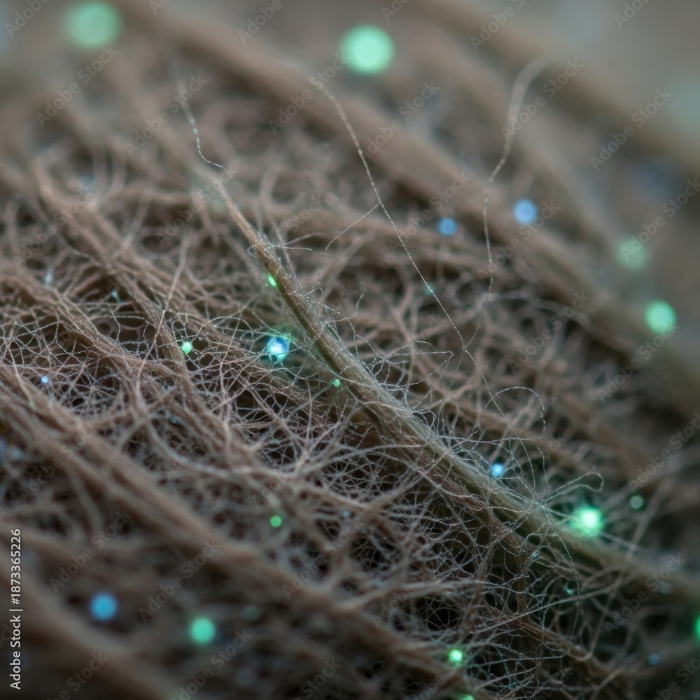 Fototapeta premium Microscopic View of Textile Fibers with Blue Spots