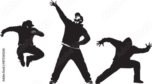 Group of hip hop dancers in silhouette performing expressive urban dance moves.