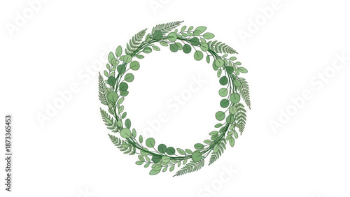 Green circular laurel wreath design featuring leafy branches and botanical motifs.