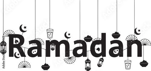 Ramadan festival celebration with traditional hanging lanterns, dates, and crescent moons