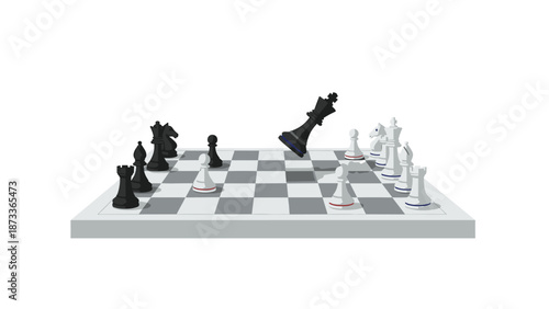 Dramatic moment in a chess game where the black king falls on the chessboard, signifying checkmate and the end of a strategic match, depicted in a pixel art style.