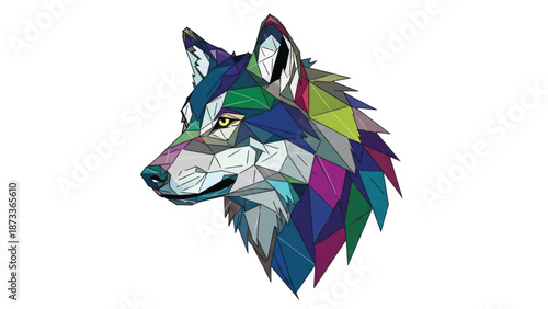 Colorful Geometric Wolf Head in Abstract Polygonal Illustration.