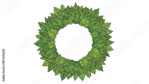Lush green wreath made of leafy foliage, arranged in a circular ring against a white background.