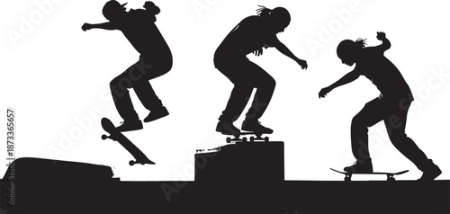 Skateboarders silhouette performing jumps and tricks at an urban skate park.