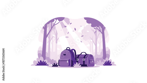 Two purple bags, a backpack and a duffel, resting on the ground in a enchanting, sunlit purple forest, evoking a sense of calm and adventure.
