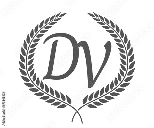 Initial letter D and V, DV monogram logo design with laurel wreath. Luxury calligraphy font.