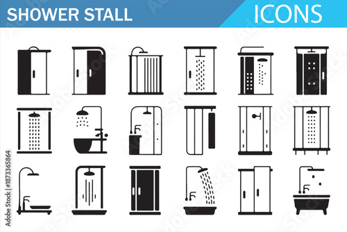 Modern Bathroom Glass Shower Stall Vector Icons