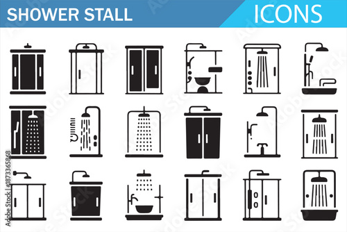 Shower Cabin and Bathroom Fixture Outline Icon Pack