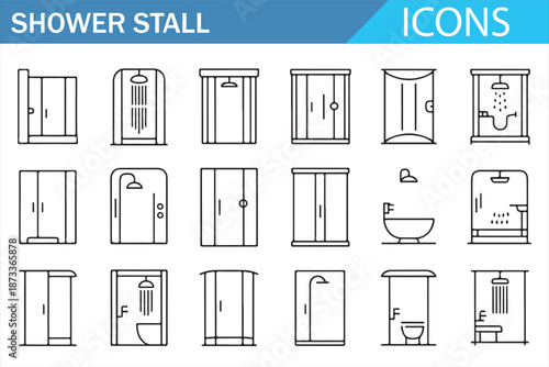 Bathroom Shower Stall and Cabin Vector Icon Collection