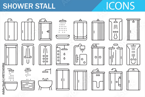 Glass Shower Stall Bathroom Cabin Icon Set Isolated on White