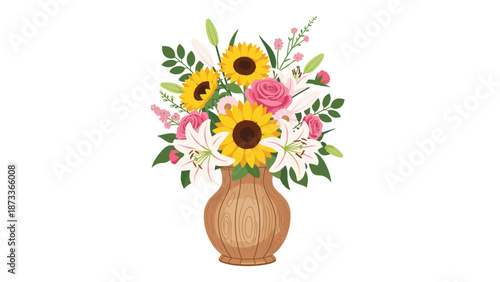 A vibrant and elegant floral bouquet featuring bright yellow sunflowers, delicate pink roses, and pristine white lilies, arranged beautifully in a rustic brown vase.