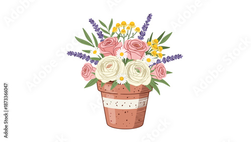 A charming mixed floral bouquet featuring soft pink roses, creamy white ranunculus, fragrant lavender, and cheerful yellow blooms, elegantly arranged in a rustic flower pot.