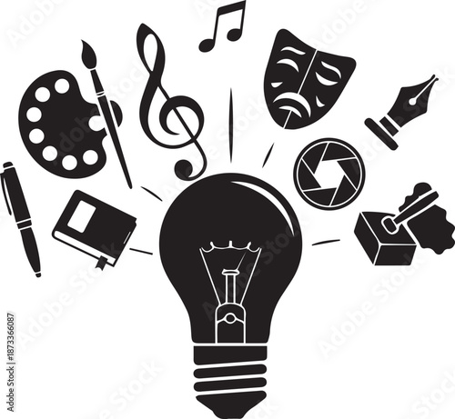 Creative inspiration with art and music symbols around light bulb
