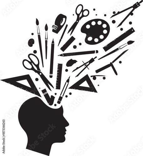 Creative mind with art supplies and tools
