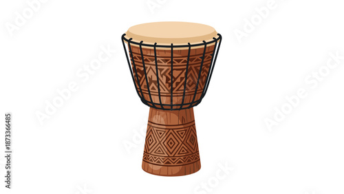 A beautifully crafted djembe drum, adorned with intricate tribal patterns and traditional design elements, stands as a symbol of rich African culture and rhythm.