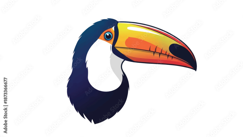 Fototapeta premium Vibrant toucan perched with a bright orange beak over lush rainforest foliage.