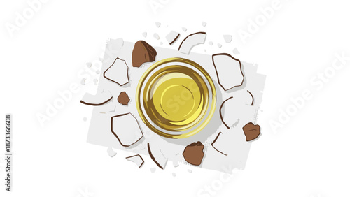 A golden bowl of rich coconut oil is elegantly presented amidst scattered pieces of broken coconut shell and fresh white coconut flesh, highlighting natural wellness.