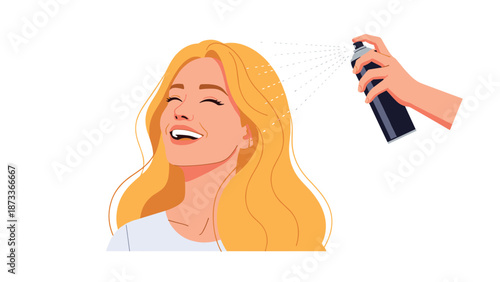 A radiant woman with flowing blonde hair happily smiles as a hand applies hairspray, capturing a moment of personal care, beauty routine, and confident styling.