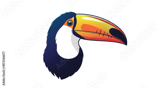 Vibrant toucan perched with a bright orange beak over lush rainforest foliage.