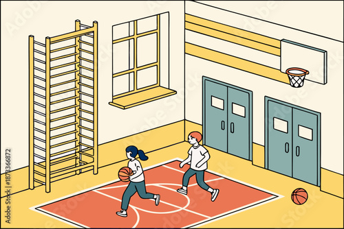 Children Playing Basketball in School Gym Isometric Illustration