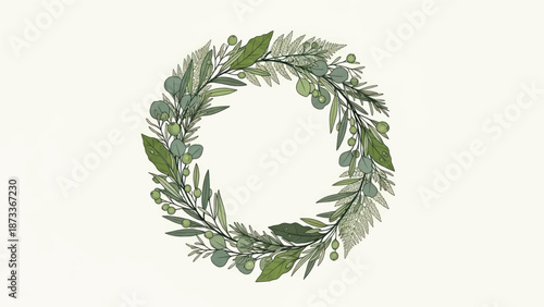Delicate green watercolor wreath of leafy branches encircling a soft beige background.