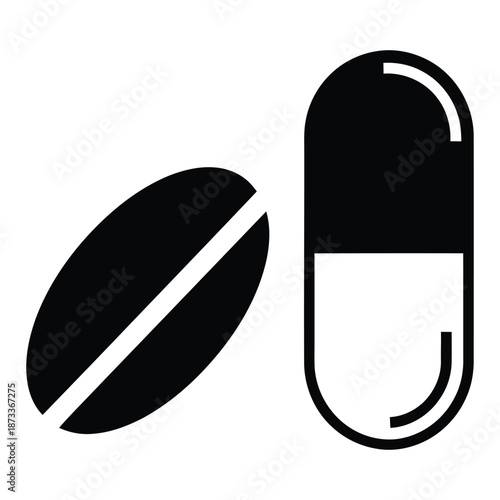 Black and White Icon of Pill and Capsule Medication