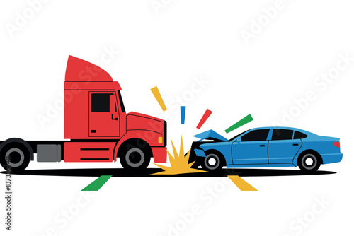 A red semi-truck collides with a blue sedan on the road