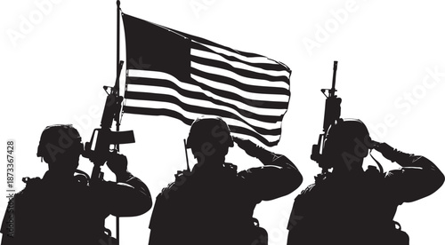 Black Silhouette of Three US Soldiers Saluting the American Flag in Honor of Veterans Day