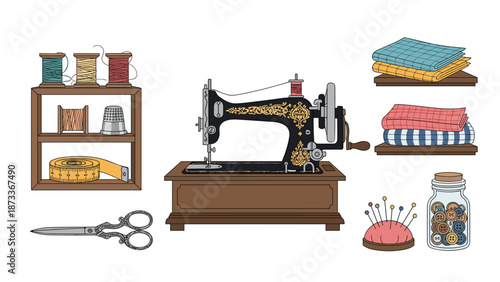 A detailed collection of traditional sewing tools and materials, featuring an antique sewing machine, colorful spools of thread, neatly folded fabric, sharp scissors, and a pincushion, for crafting.