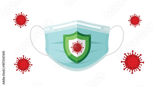 A blue medical face mask with a prominent shield icon protecting against a central coronavirus cell is surrounded by more virus cells, powerfully illustrating comprehensive viral protection.