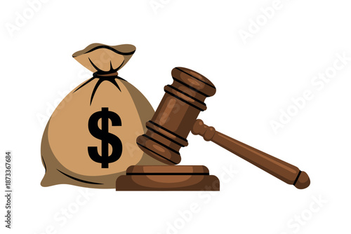 A cartoon illustration of a money bag and a gavel on a white background