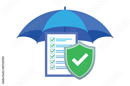 A green shield with a checkmark and an umbrella protects a checklist document.