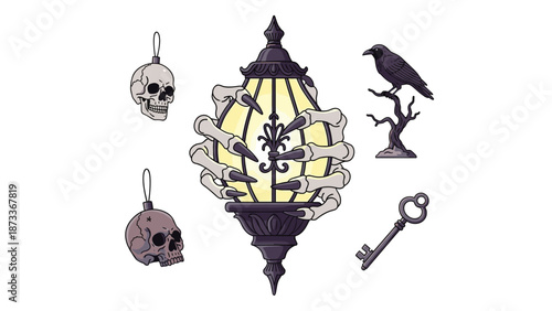 A spooky collection of Halloween elements features a central lantern held by skeletal hands, flanked by hanging skulls, an antique key, and a raven perched on a barren branch, evoking mystery.
