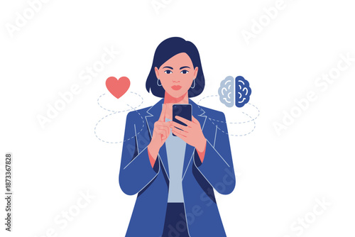 A woman in a blue suit holding a smartphone with thought bubbles