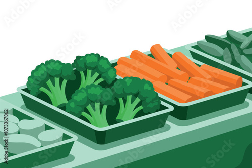 A colorful illustration of fresh vegetables in green containers on a table