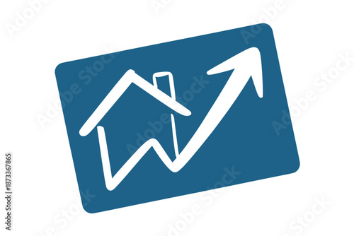 A blue sign with a white house and an upward trending arrow