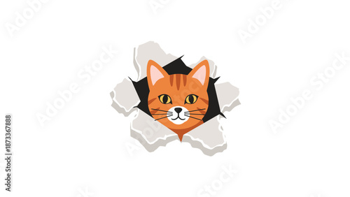 A vibrant orange tabby cat with yellow eyes curiously peeks through a torn white background, creating a playful and engaging visual effect of emerging or breaking through.
