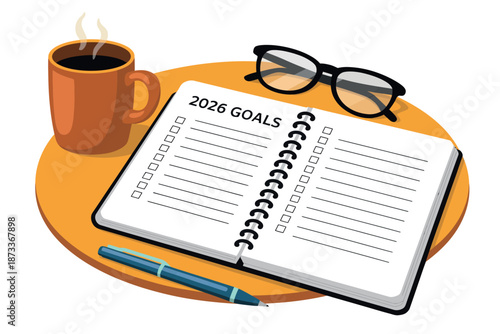 A planner with 2026 goals, coffee, and glasses on a table