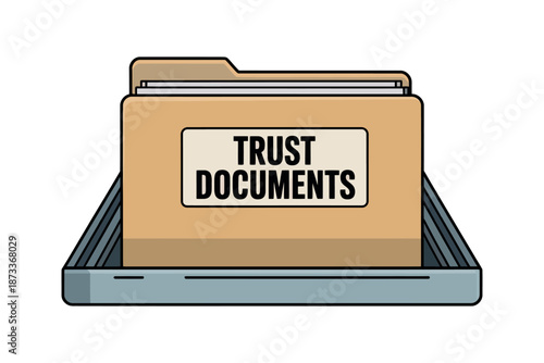 A cartoon illustration of a trust document folder in a filing cabinet drawer.