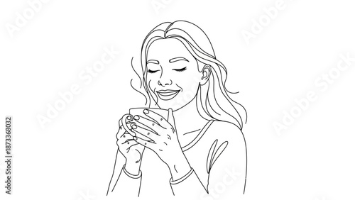 Happy Woman Holding Steaming Coffee Mug Line Art 