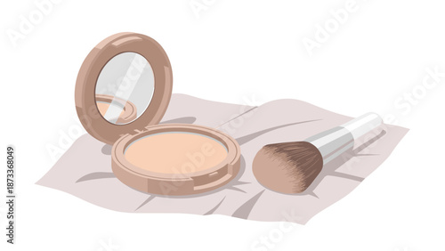Open compact powder case with a reflective mirror and a soft cosmetic brush lie together on a gentle, crumpled piece of light fabric.