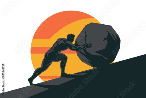 A muscular man pushing a large boulder up a hill at sunset