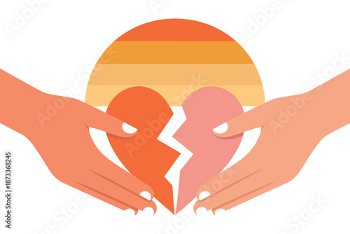 A broken heart is held by two hands in front of sunset