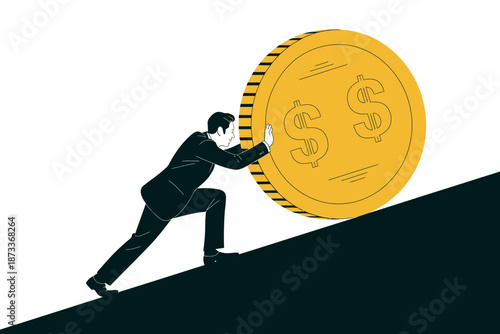A businessman pushing a large gold coin up a steep hill