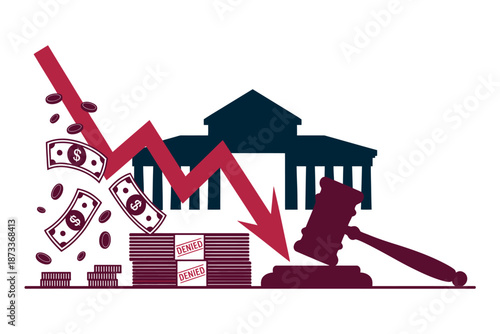 A graphic illustration of a courtroom with a declining financial graph and money