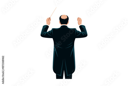 A conductor stands with his back to the audience, holding a baton.